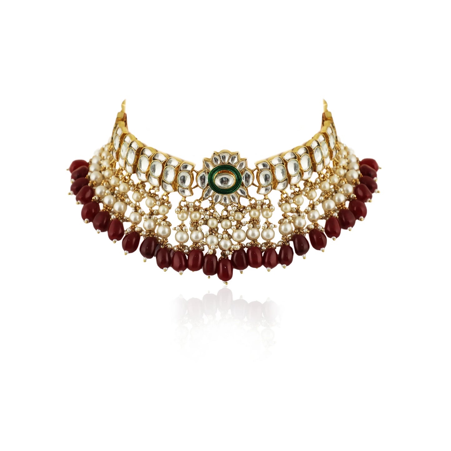 Red Beads With Green Meenakari White Jadtar Stone Choker Set