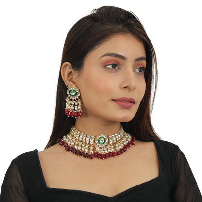 Red Beads With Green Meenakari White Jadtar Stone Choker Set