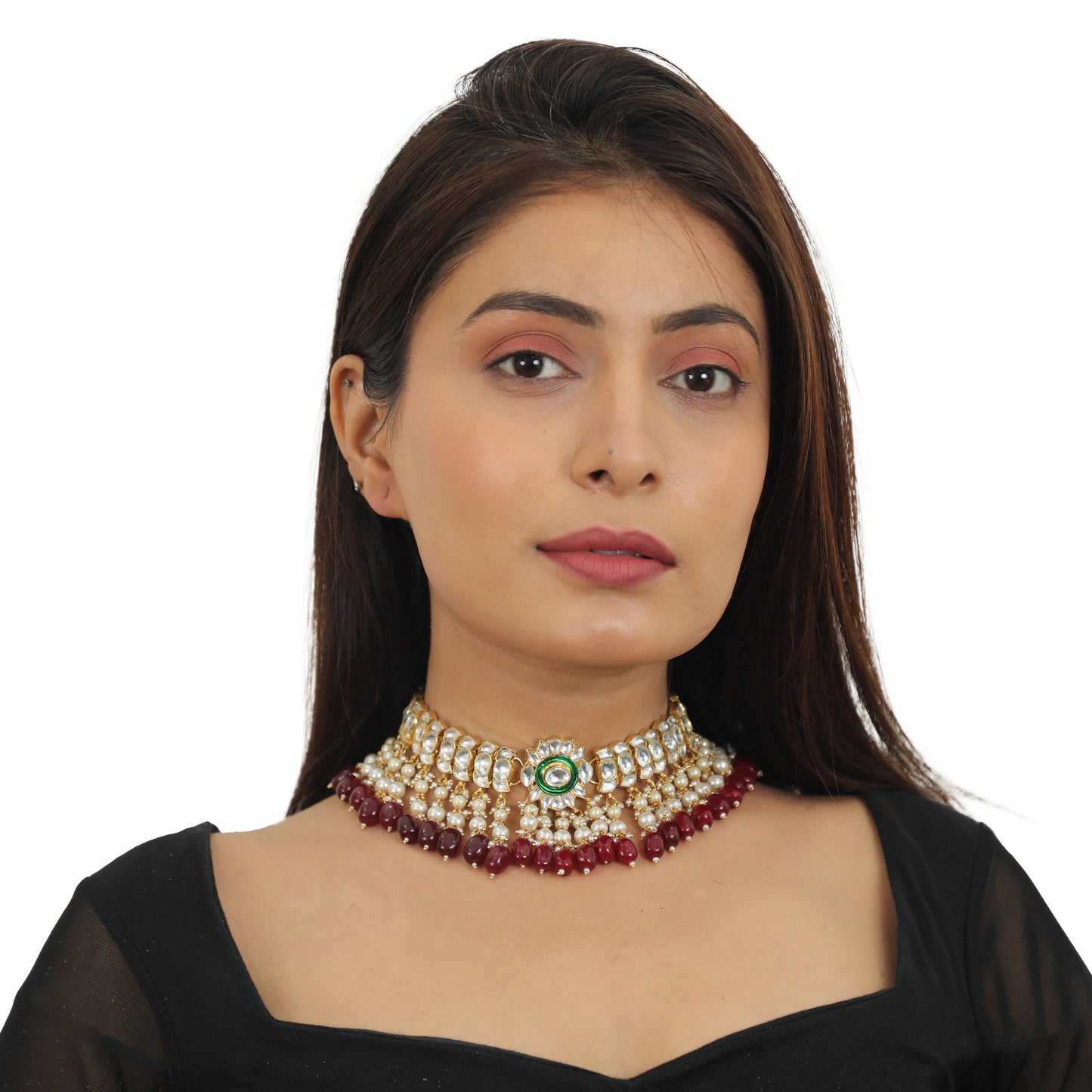 Red Beads With Green Meenakari White Jadtar Stone Choker Set