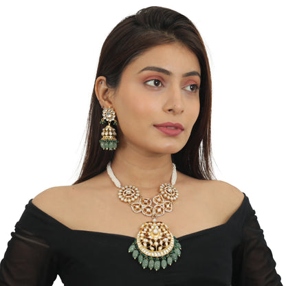 Sea Green Beads White Long Necklace Set