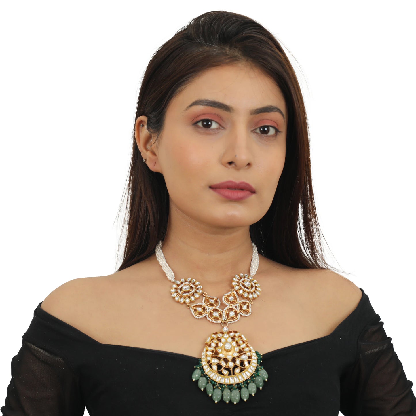 Sea Green Beads White Long Necklace Set