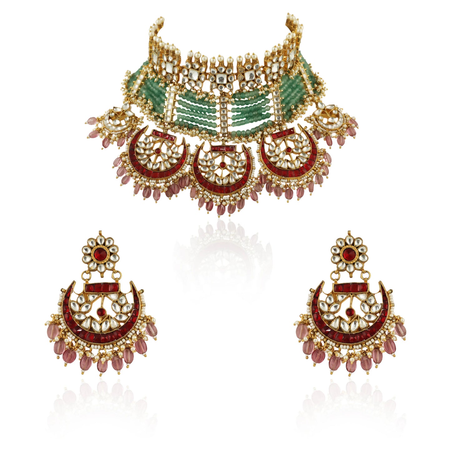 Sea Green Motiwork With Red Bridal Necklace Set