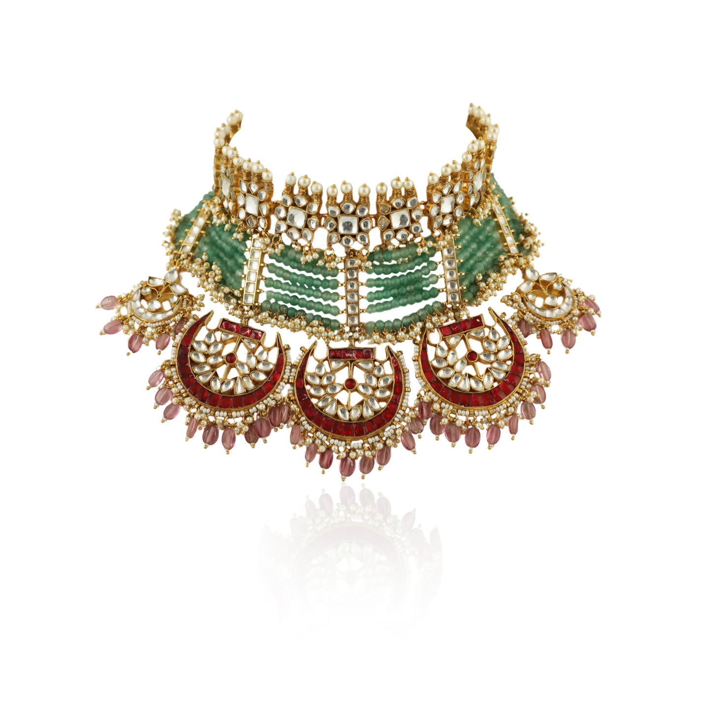 Sea Green Motiwork With Red Bridal Necklace Set