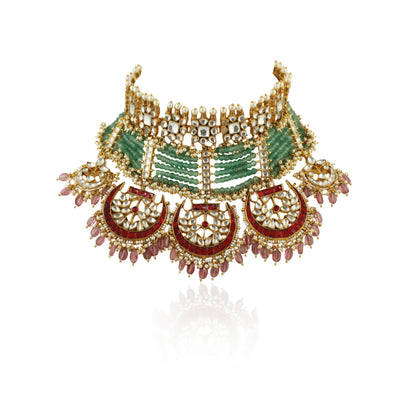 Sea Green Motiwork With Red Bridal Necklace Set