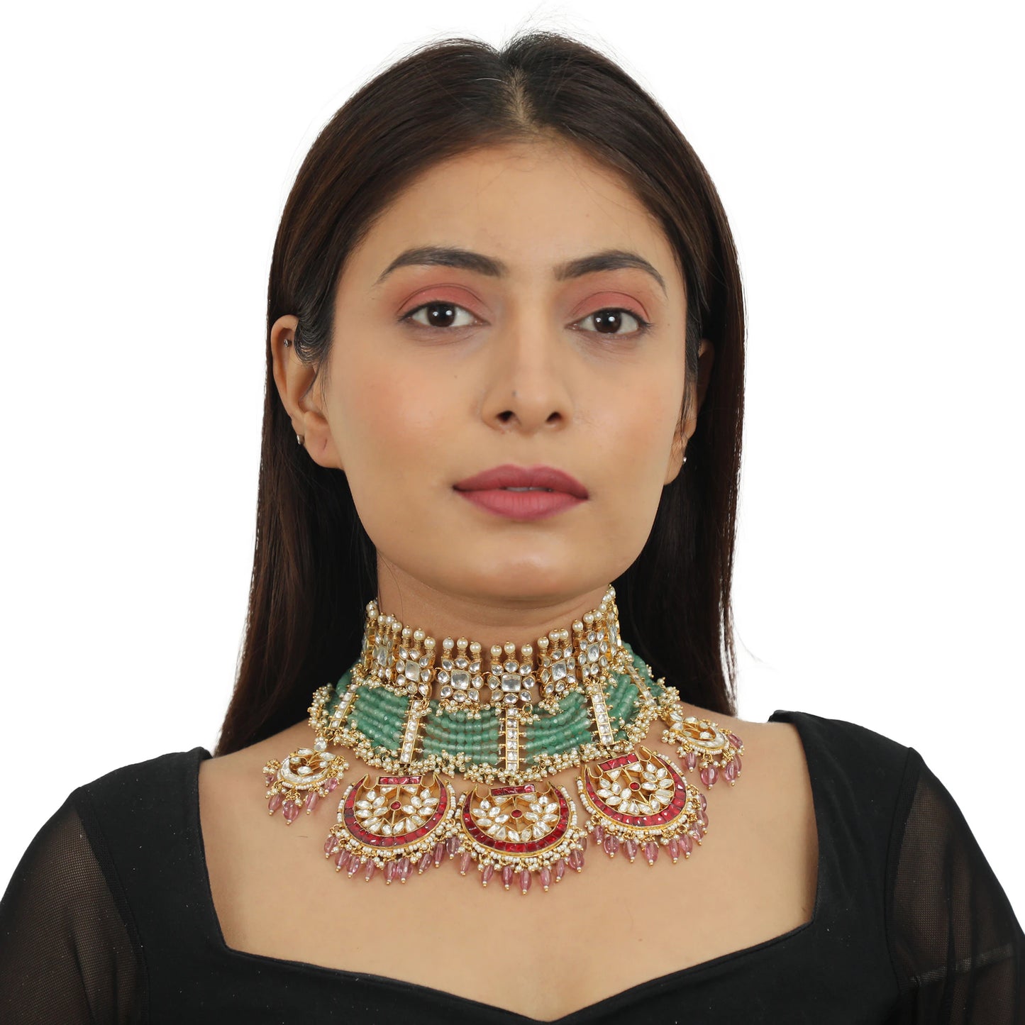 Sea Green Motiwork With Red Bridal Necklace Set