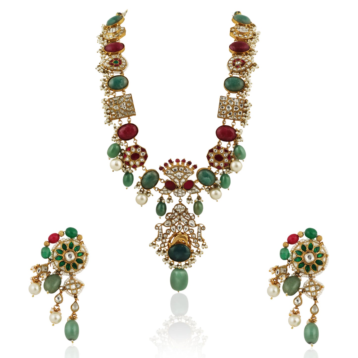 Multicolour Long Necklace Set With Sea Green Beads