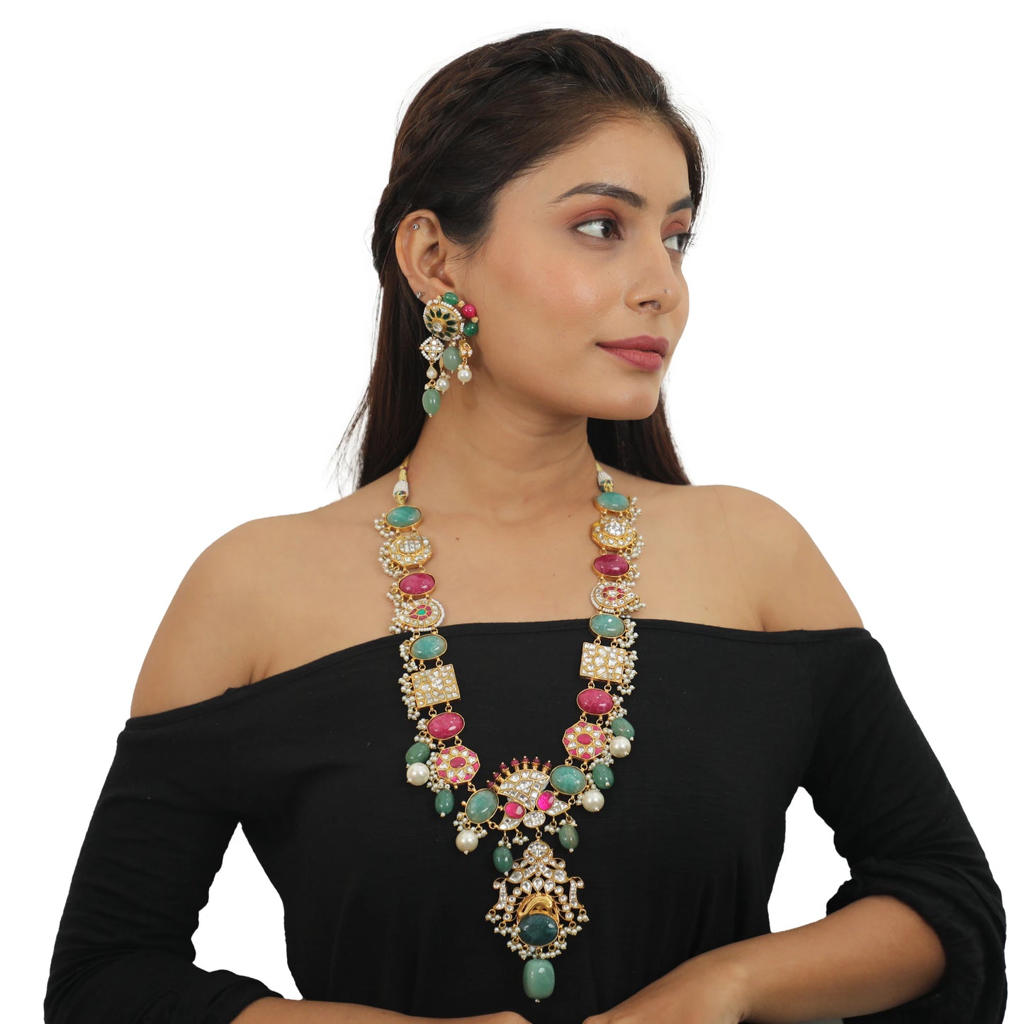 Multicolour Long Necklace Set With Sea Green Beads