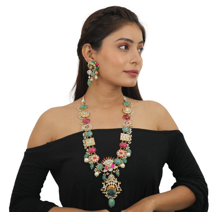 Multicolour Long Necklace Set With Sea Green Beads