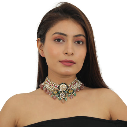 White And Pink Stone Nacklace Set With Pastel Pink And Sea Green Beads