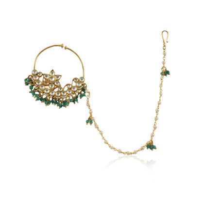 Round Jadau Nosering With Sea Green Beads
