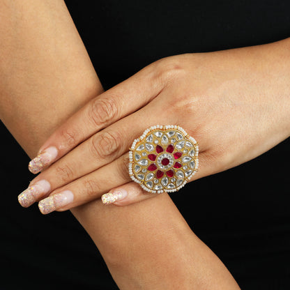 Floral Traditional Ring Studded With Pink And White Stones