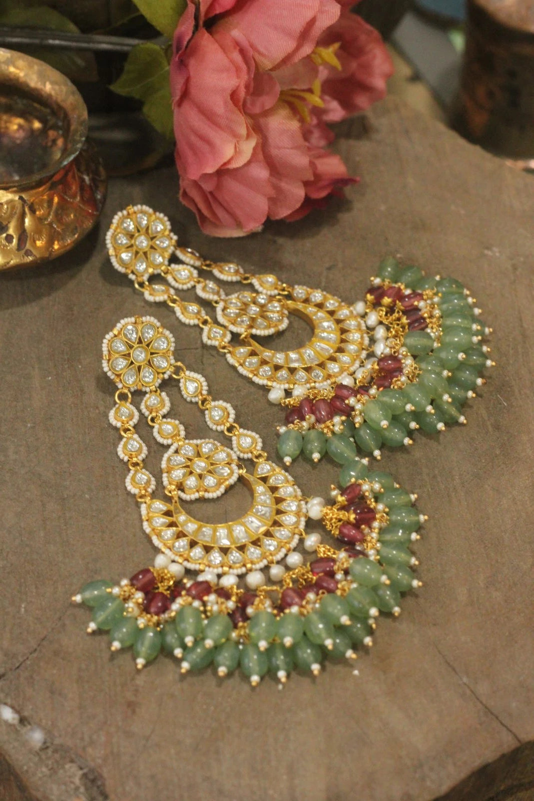 Riana gold plated green pink colour party wear long designer dangler earrings for women and girls