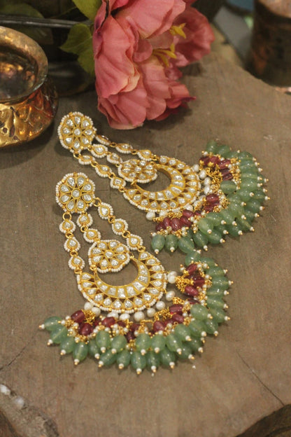 Riana gold plated green pink colour party wear long designer dangler earrings for women and girls