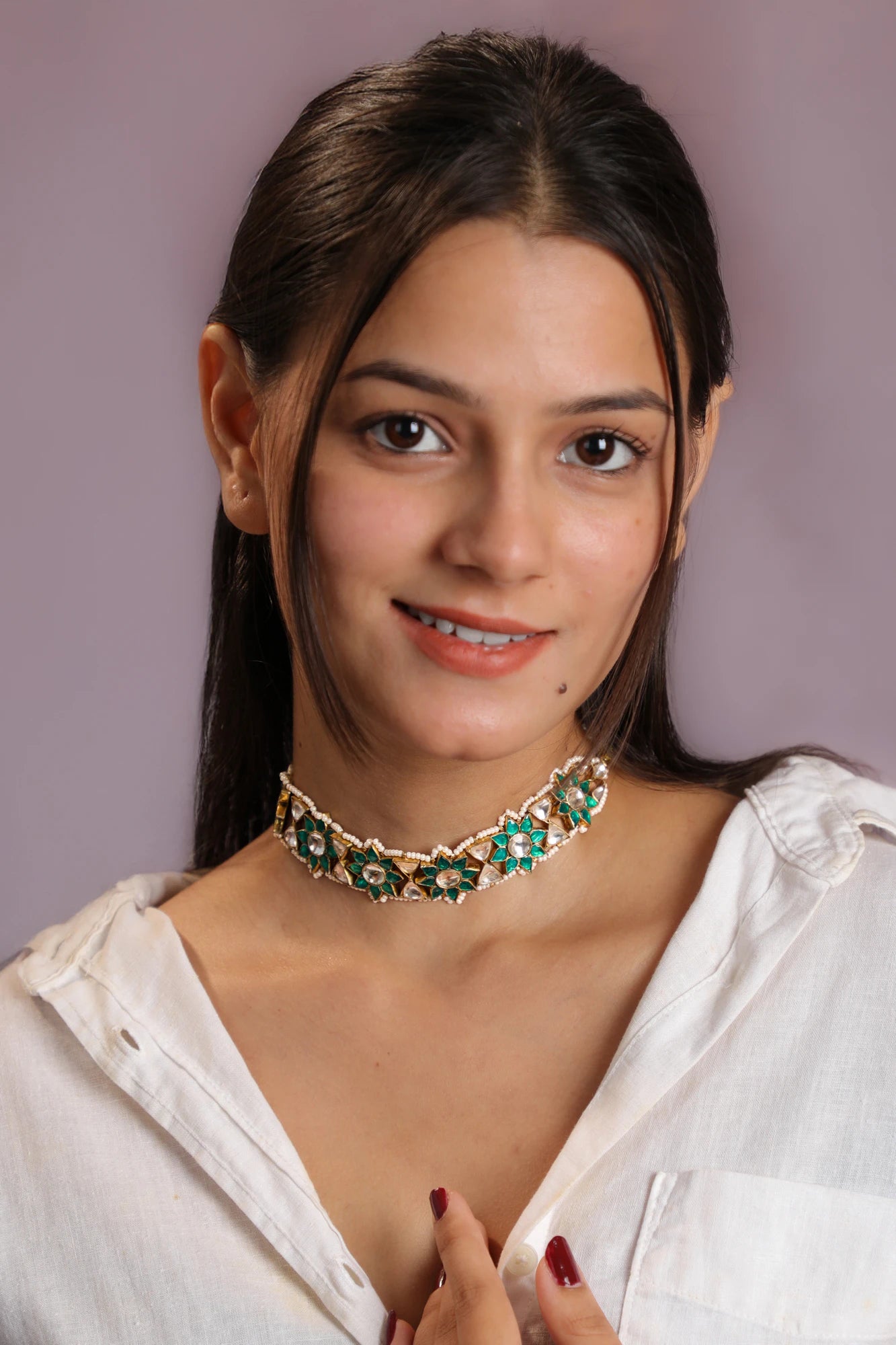 green white floral jadtar choker