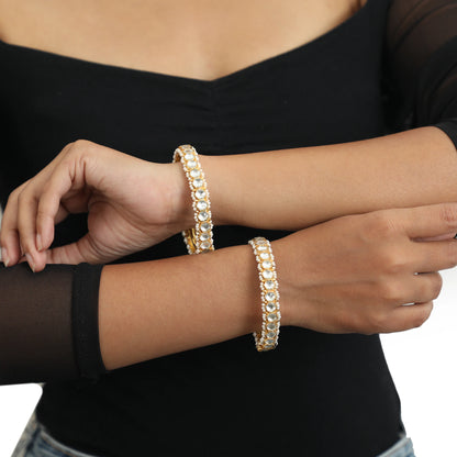 White Small Stone Bangles With Moti Work (Pair)
