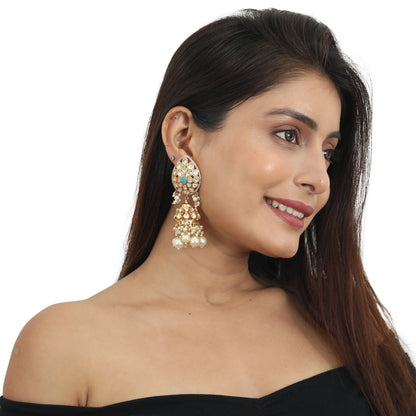 White And Firozi Stone Earrings With Pearls