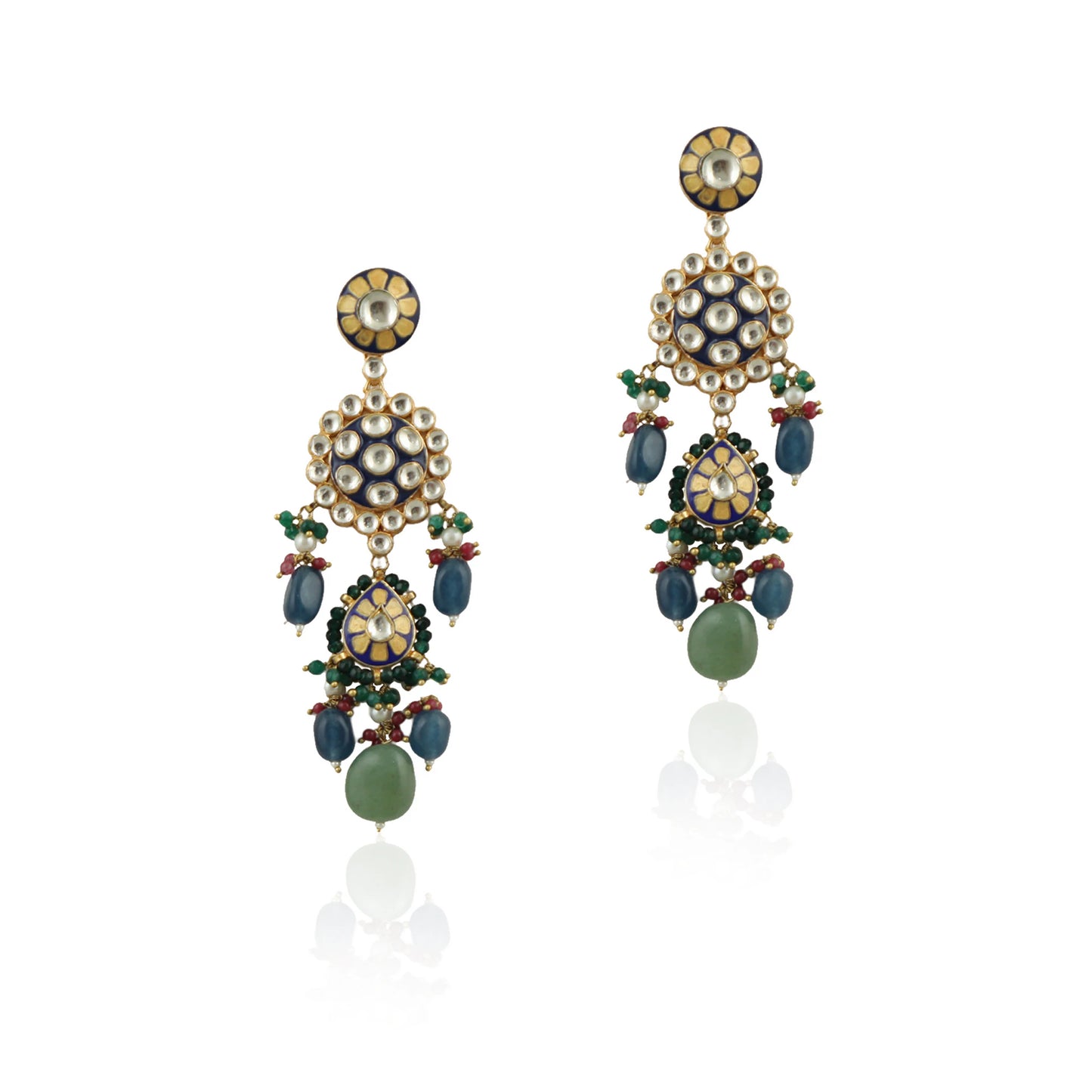 Blue Meena Work Earrings Bedded Blue And Sea Green Beads