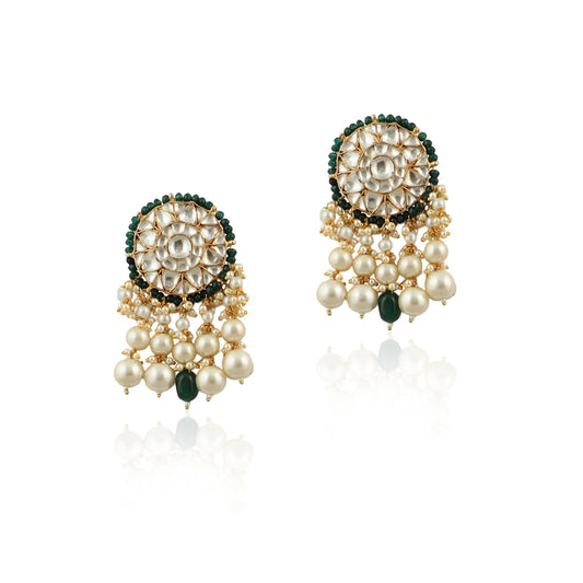 White Round Stude Green Moti Work With Green Beads And Pearls