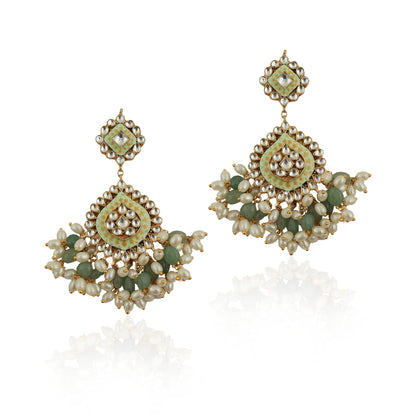 Pista Meena Work Earrings Beadded White Small Pearls And Sea Green Beads