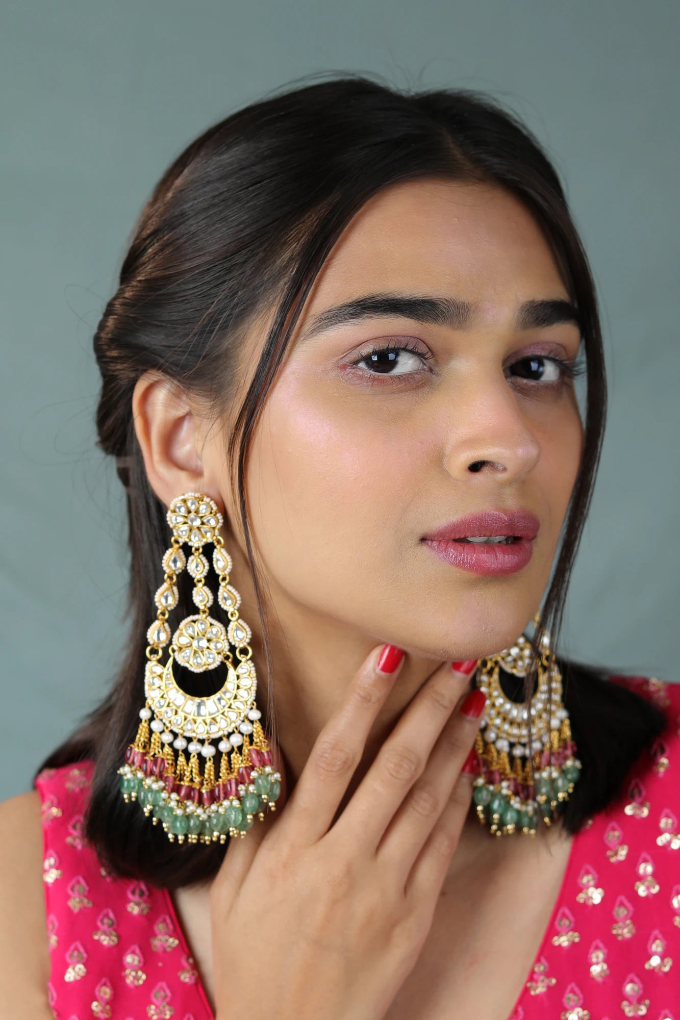 Riana gold plated green pink colour party wear long designer dangler earrings for women and girls