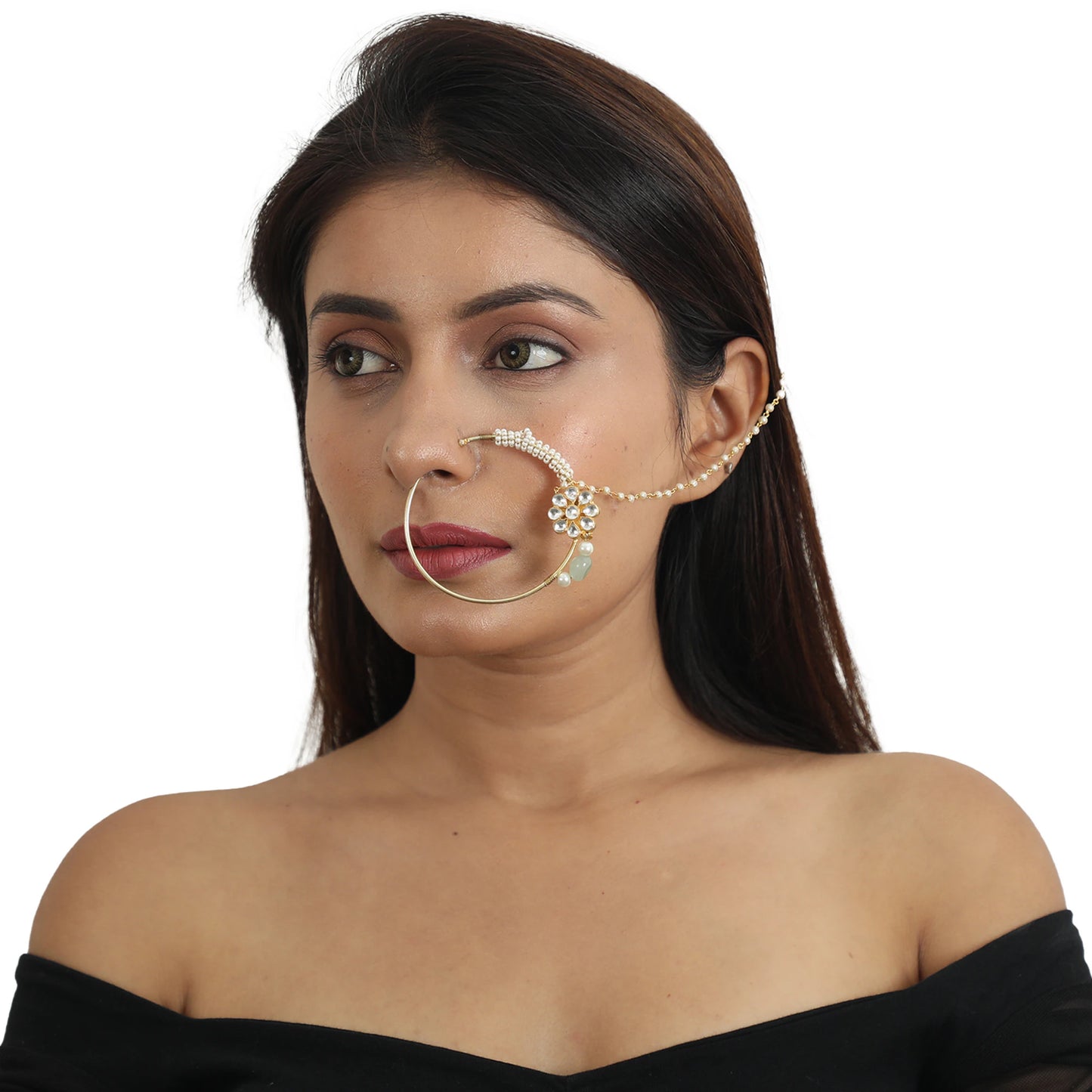 Rajasthani Traditional Nosering In 22Kt Gold Plating With Pearls And Sea Green Hanging