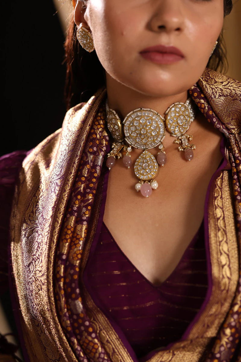 Choker Set Studded With Jadtar Stones Beadded With Pearl And Pastel Pink Beads