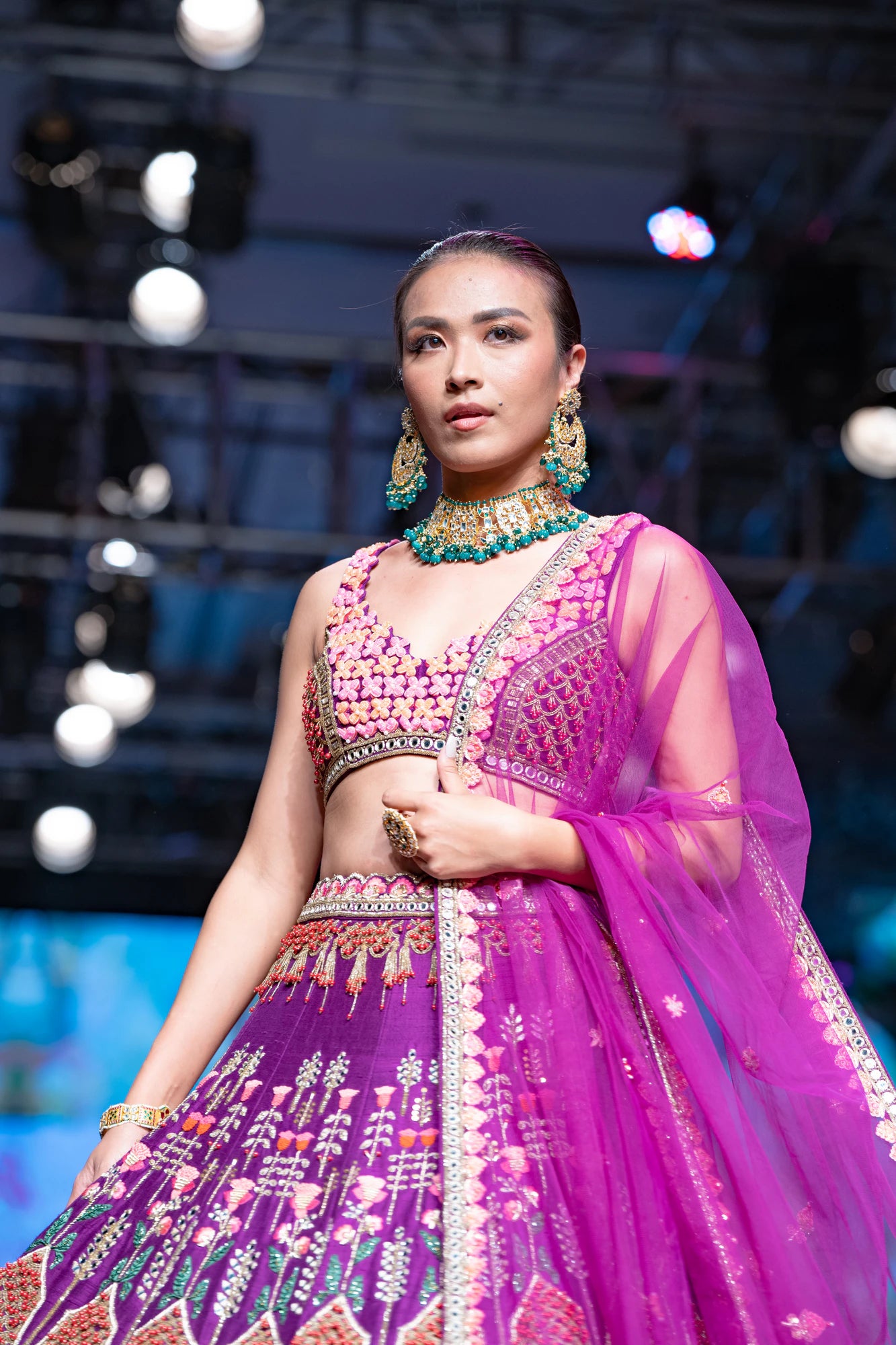 White Big Chand Baali Style Earrings Beadded Green Beads