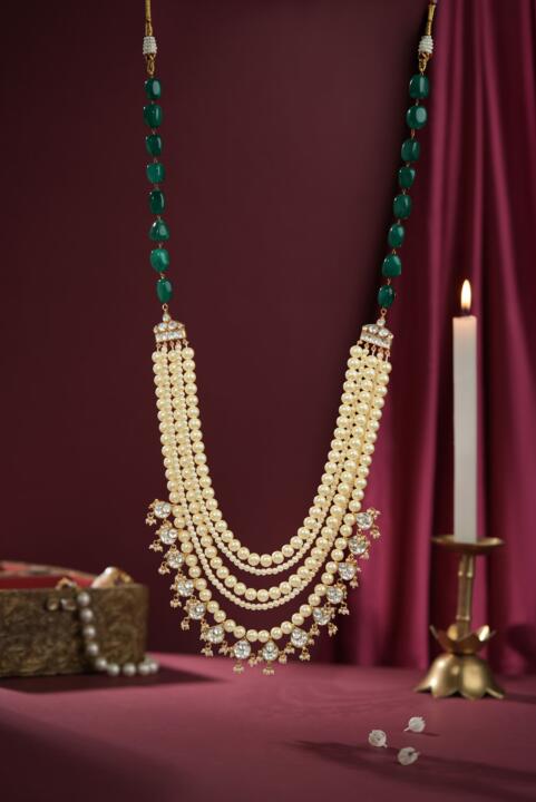 Traditional Gold-Plated Multilayer Pearl and Green Onyx Bead Necklace
