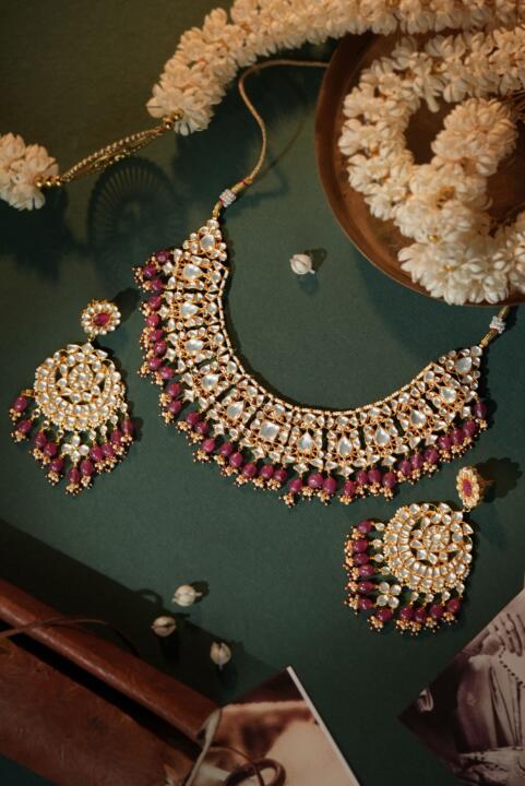 Gold plated pink beaded necklace set