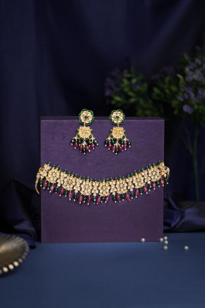 Traditional jadtar choker necklace & Earrings with marron & purple set