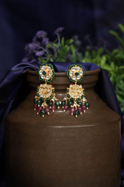 Ruby beads pink & green small chandbaali earrings