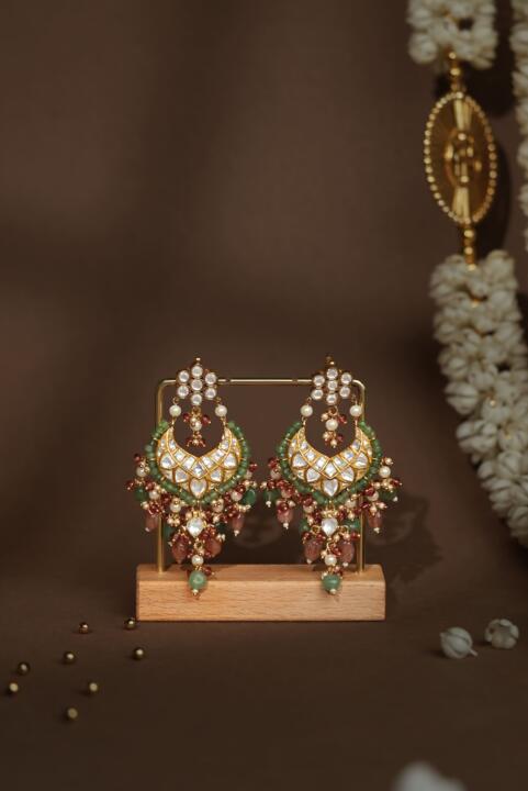 sea green stone, kundan-style chandbali earrings