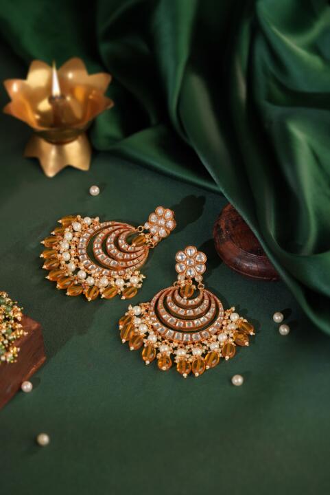 yellow jadtar and pearl Chandbalis earrings