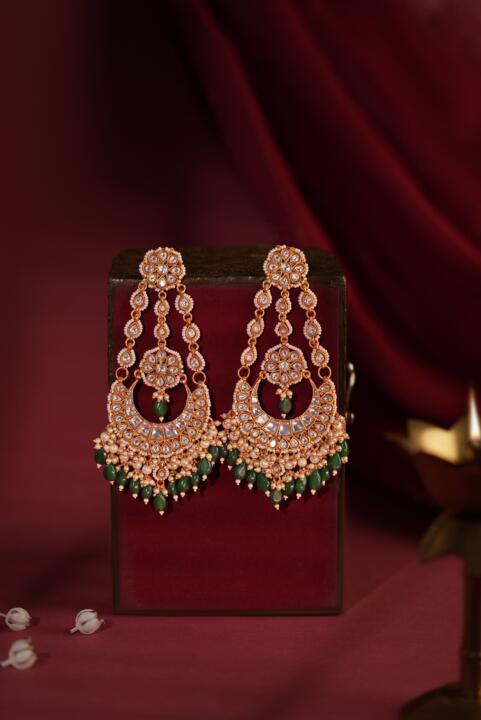Emerald green beaded long chandbaali earrings