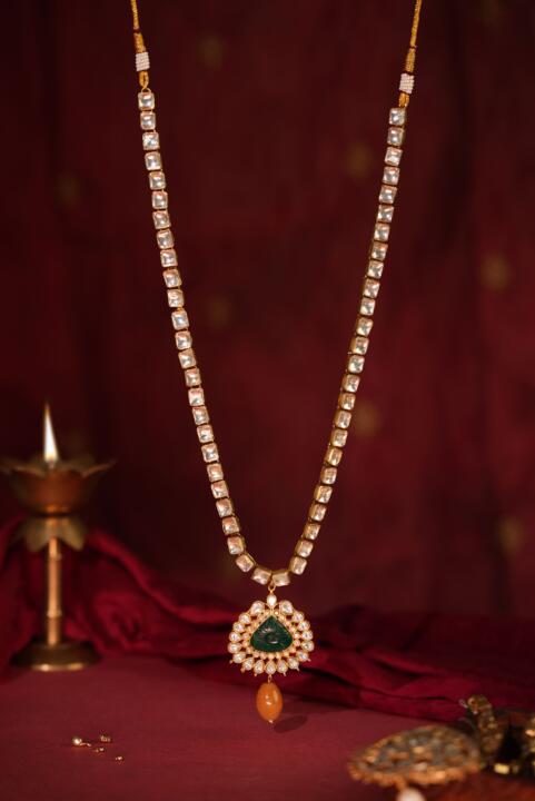 White long necklace with teardrop pendant crafted jadau Necklace.