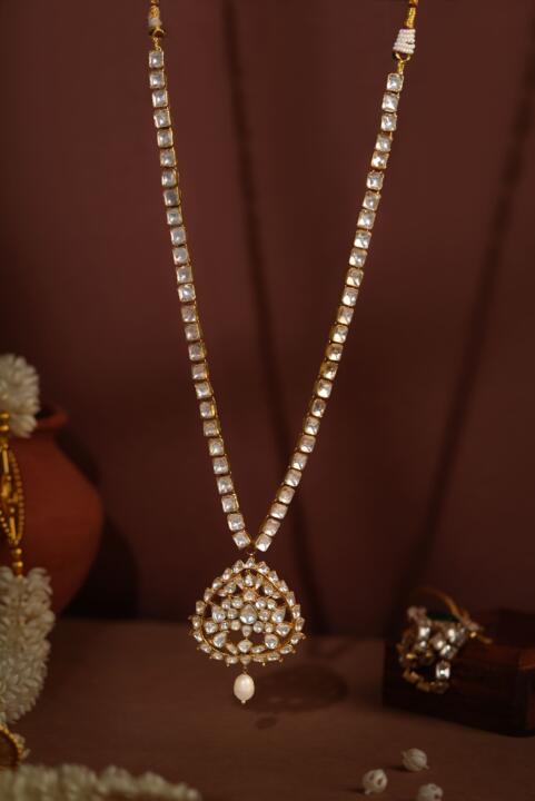 Gold finish long necklace with pearl