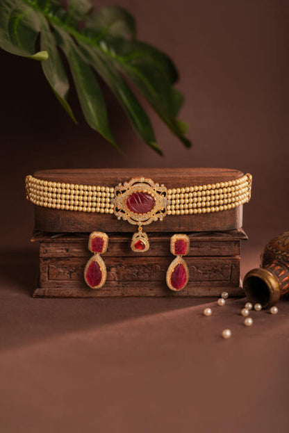 Handcrafted Gold Plated Red Stone With Pearl Choker Set