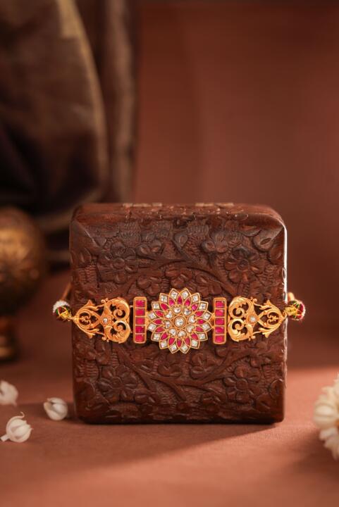 Designer gold plated Floral Centerpiece and Pink Crystals choker