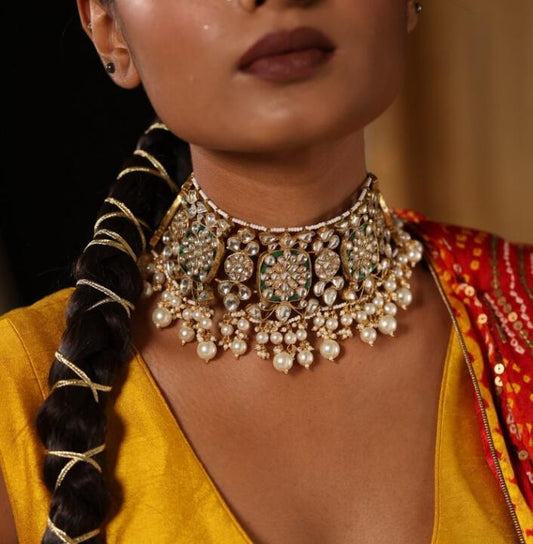 Gold Plated Green And White Necklace Set
