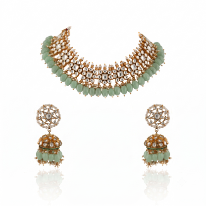 Small One Layer Choker Hanging With Beads With Star Shaped Jhumki