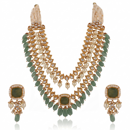 Indian Handcrafted Jadtar White & Mint Green Bridal Special Double Layered Necklace Set