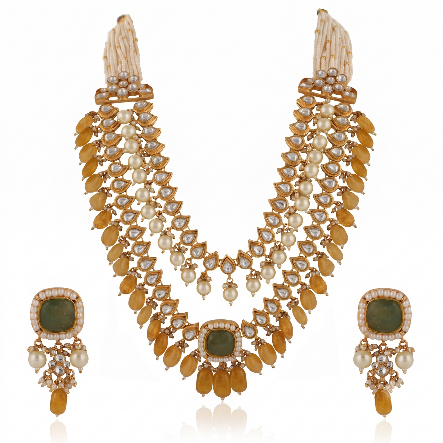 Indian Handcrafted Jadtar White & Mint Green Bridal Special Double Layered Necklace Set