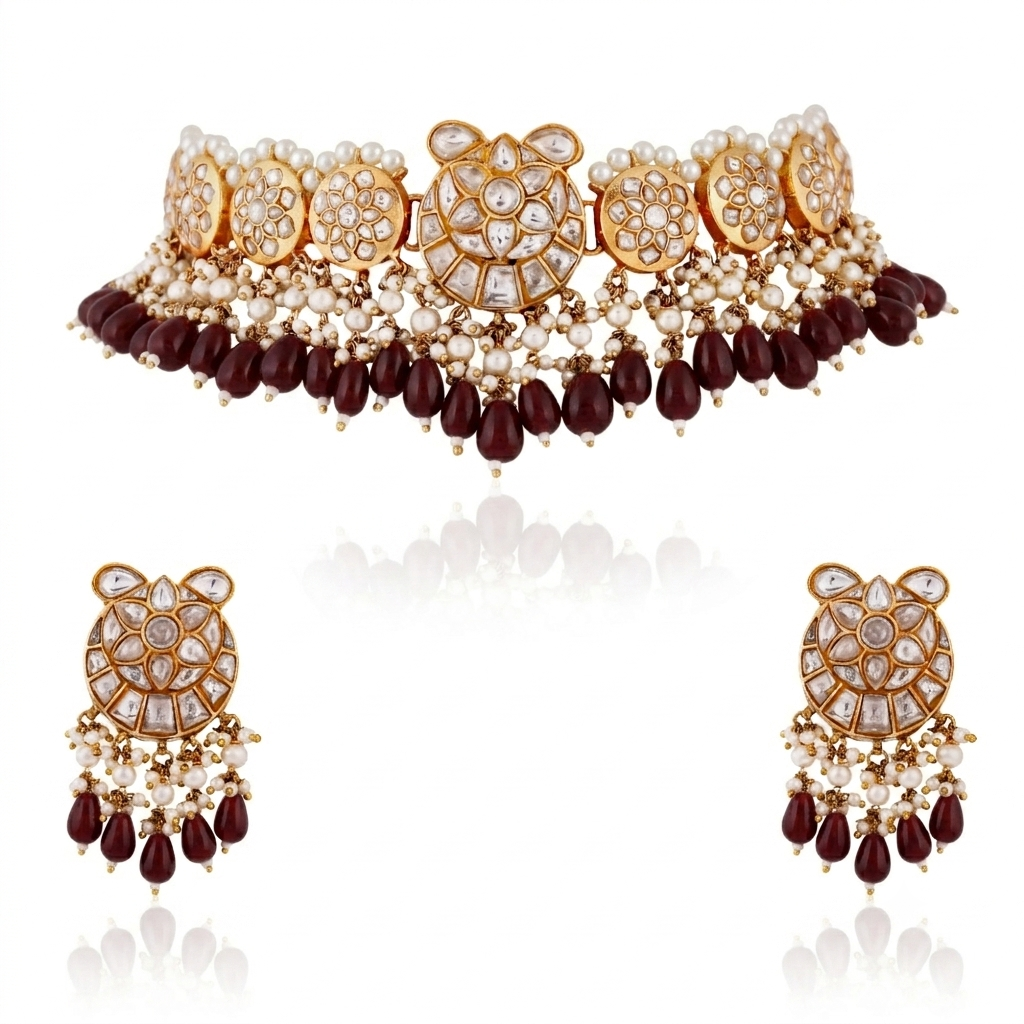 Fushion gold plated jadau necklace set with intricate design in pastel beads