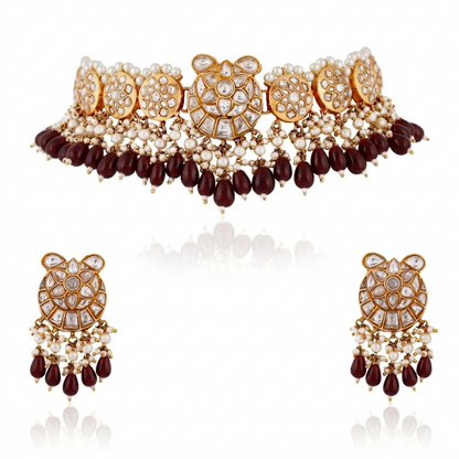 Fushion gold plated jadau necklace set with intricate design in pastel beads