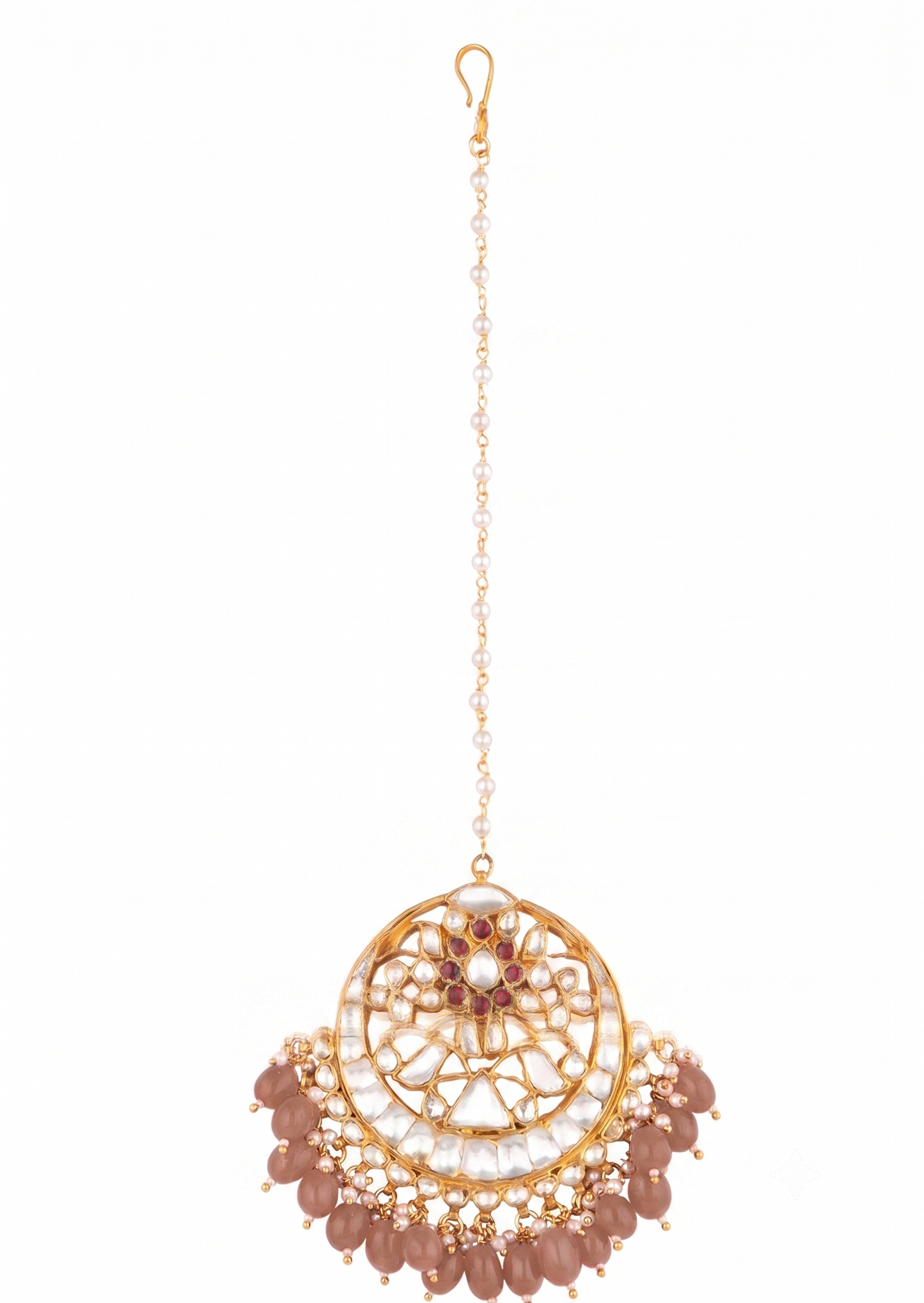 White Jadtar And Pink Pearl Studded Maang Tikka