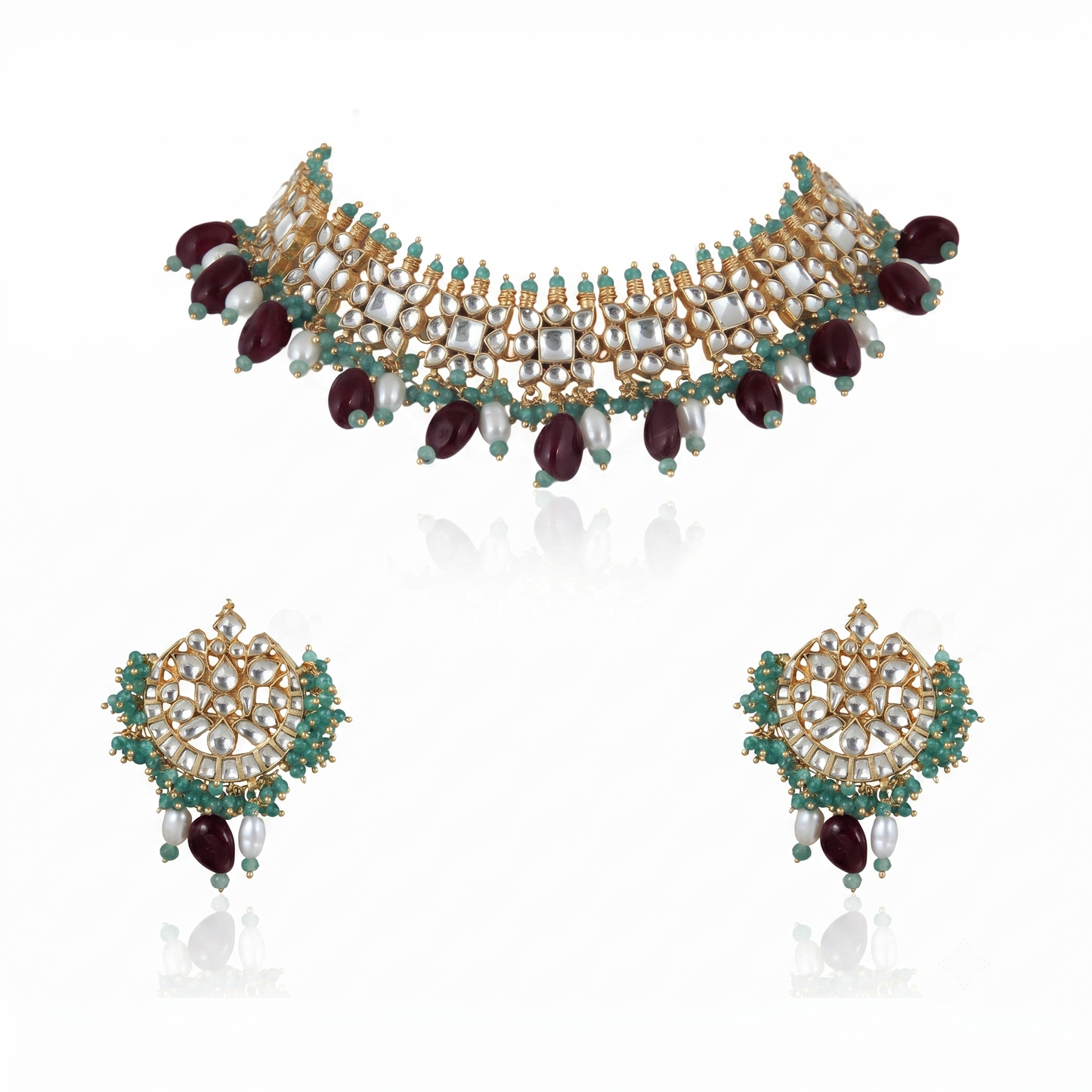 Square Shape White Jadtar Stone With  Beads Necklace Set