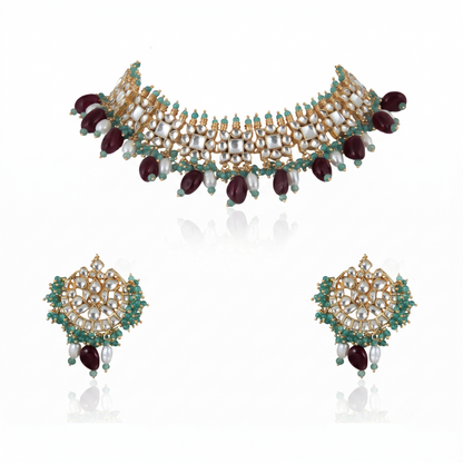 Square Shape White Jadtar Stone With  Beads Necklace Set