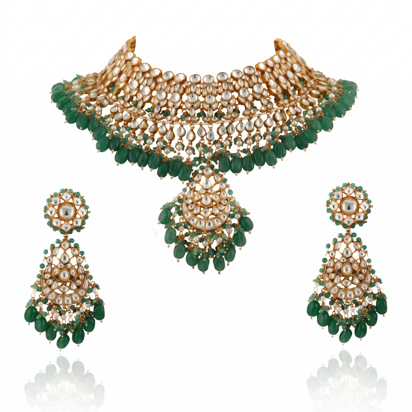 White Jadtar Stone With Pastel Pink & Green Heavy Bridal Necklace Set