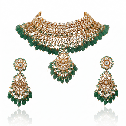 White Jadtar Stone With Pastel Pink & Green Heavy Bridal Necklace Set