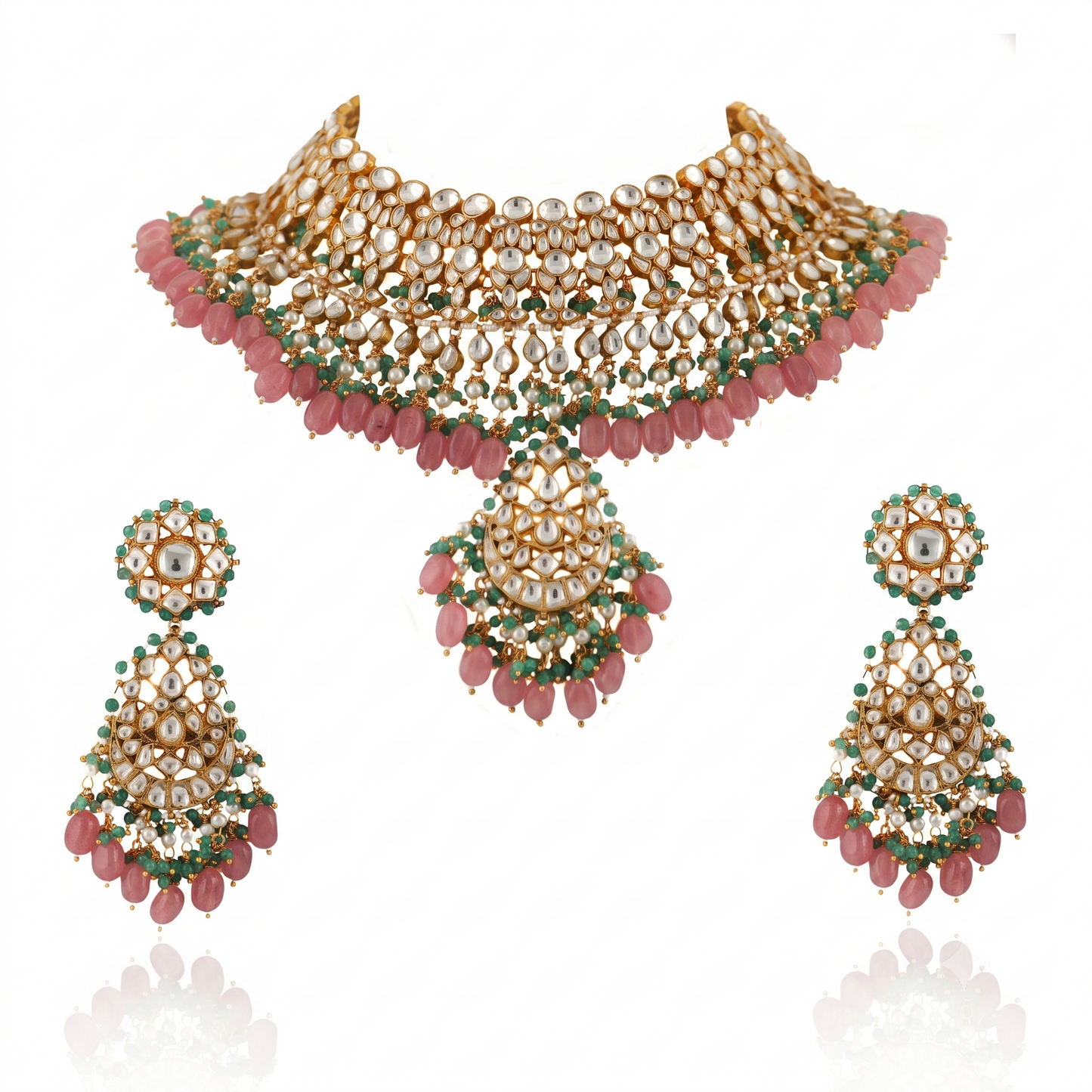 White Jadtar Stone With Pastel Pink & Green Heavy Bridal Necklace Set